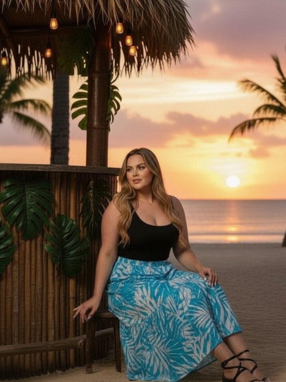 NWT Lark Lane Turquoise Palm Leaf Crinkle Maxi Skirt Tropical Resort Sizes L, XL